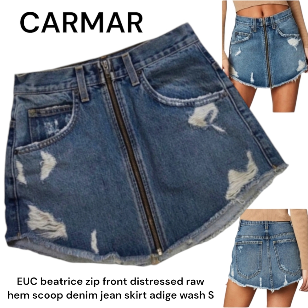 CARMAR beatrice zip front distressed raw hem scoop denim jean skirt adigewash 26